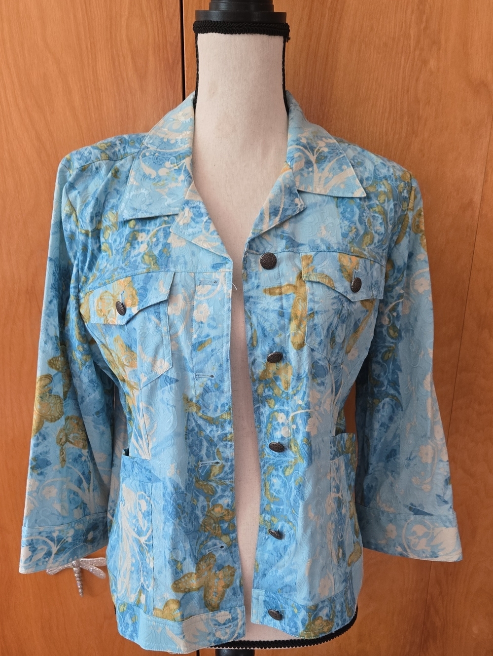 Christopher & Banks Blue Floral Button-Front Top with Olive Accents